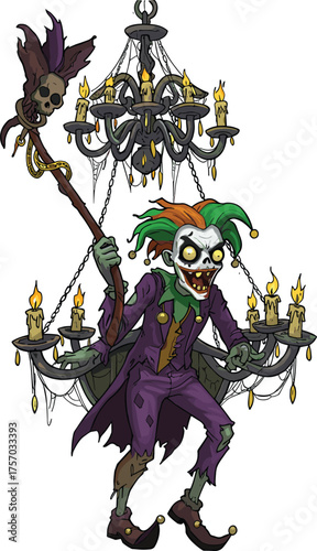 Sinister jester character with skull staff, purple costume, chandeliers, creepy pose, spooky vibe, cad drawing flat vector illustration