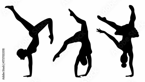 Silhouette illustration of three gymnasts performing handstands and acrobatic poses on a white background