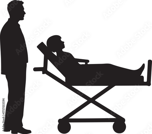 Silhouette of man standing next to patient on medical stretcher