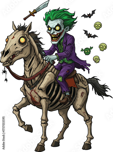 Zombie rider, skeletal horse, cartoon horror, fantasy undead, glowing eyes, bats, skulls, sword, purple suit, eerie illustration