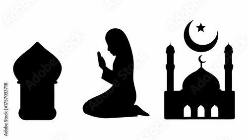 Silhouette of a mosque, a praying woman, and a building with a dome on a white background design