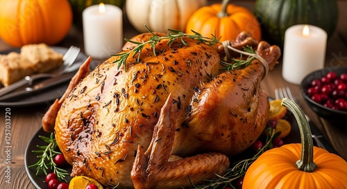 Golden Herb-Roasted Turkey Centerpiece with Festive Autumn Decorations on a Rustic Wooden Table