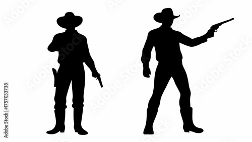 Two cowboy silhouettes one with a gun in holster and one aiming a gun isolated on a white background