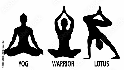 Black silhouettes of yogi in lotus warrior and yog poses demonstrating flexibility and balance on white background