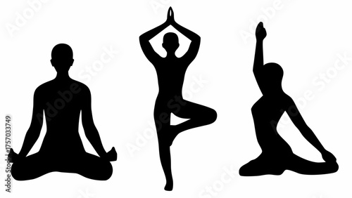 Silhouette illustration of three yoga poses including lotus tree and one leg stretch pose 100