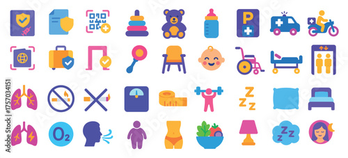 Colorful assorted icons of daily life and activities including transport and health