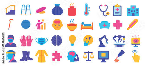Colorful collection of healthcare and medical icons: technology, patient care, and equipment