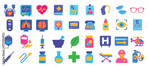 Colorful medical and healthcare icons with equipment and symbols