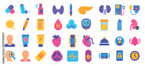 Healthcare and medical icons: allergy, diabetes, heart, kidneys, medication, and more