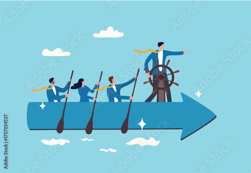 Leadership to lead team to the right direction, employee teamwork to help success, manager to motivate team or company to move forward concept, businessman manager lead people teamwork sailing arrow.