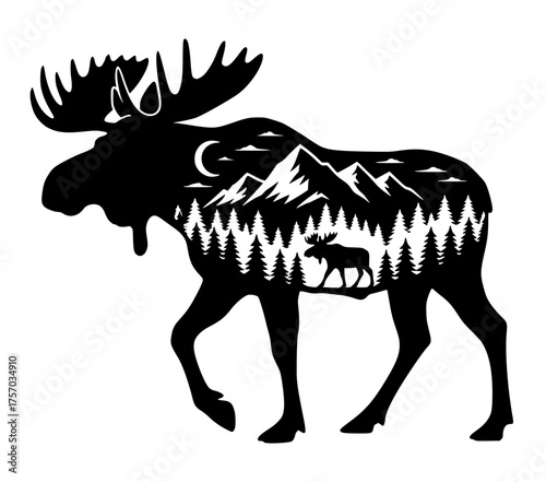 Moose Silhouette with Mountains Forest Landscape and Moon, Wildlife, Nature Double Exposure, Animal