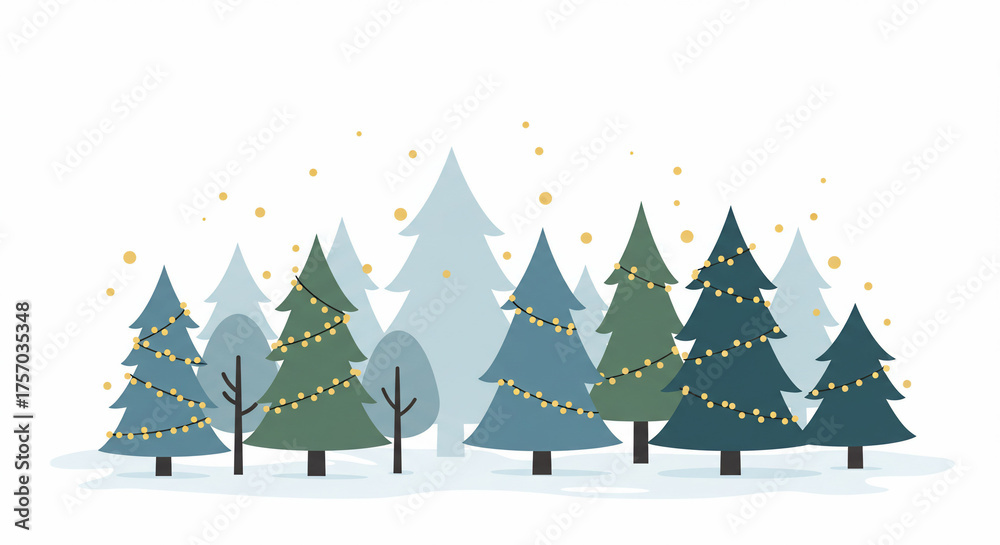 Obraz premium Festive Pine Trees Decorated with String Lights in Winter Forest Scene