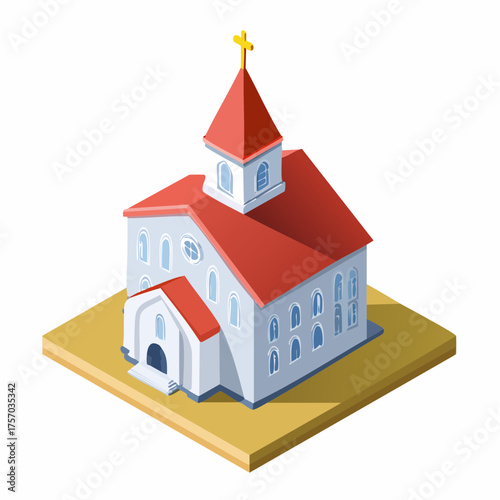 Isometric illustration of a church building on a yellow square