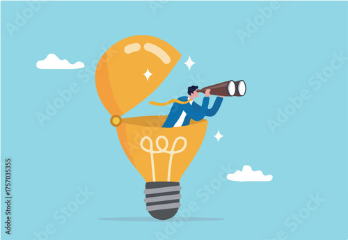 Creativity to help see business opportunity, vision to discover new solution or idea, curiosity, searching for success concept, businessman open lightbulb idea using binoculars to see business vision