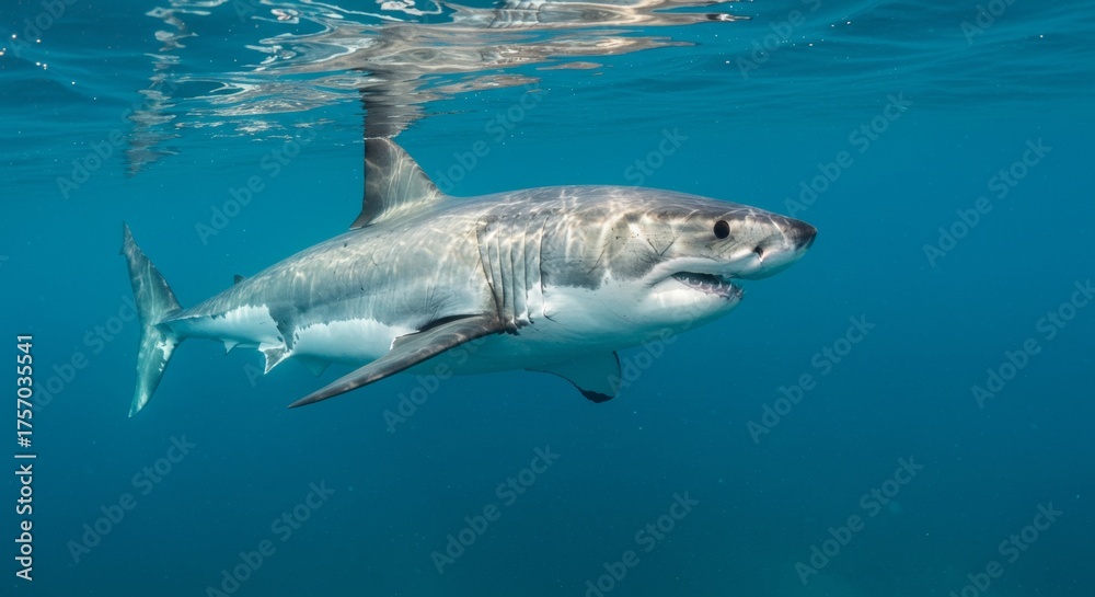 Fototapeta premium Magnificent Great White Shark Gliding Gracefully Beneath Ocean Surface