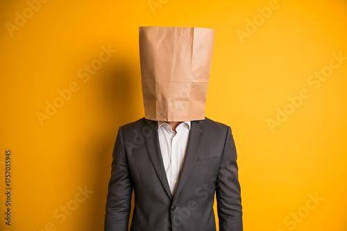 Anonymous businessman wearing a brown paper bag over his head against a vibrant yellow studio background symbolizing hidden identity and frustration