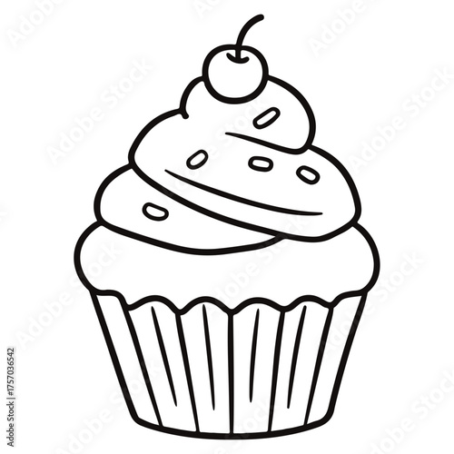 A black and white outline drawing of a cupcake with frosting and a cherry on top and sprinkles around it