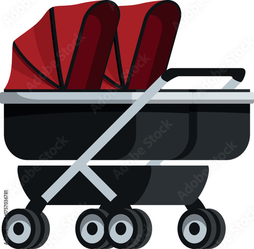 Modern double baby stroller featuring a vibrant red canopy, designed for the comfortable and convenient transport of twins or siblings