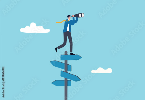 Search for right direction, business opportunity or success way, make decision or career path, vision to see future concept, smart businessman look through spyglass or binoculars to discover solution