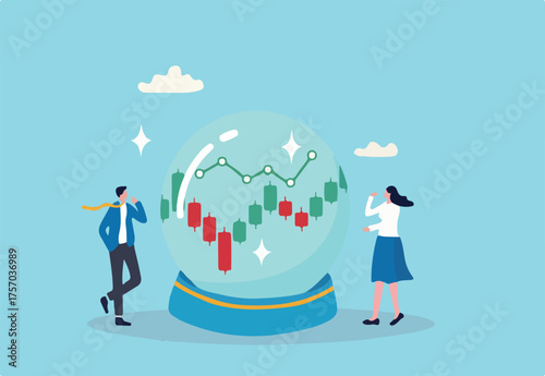 Forecast or prediction, investment opportunity, fortune teller to see stock market or economic direction, trend or business vision concept, business people look at magic sphere future market chart
