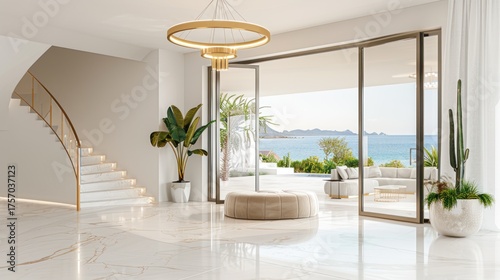 Modern Bright Living Room with Large Glass Windows Overlooking Ocean View and Stylish Decor