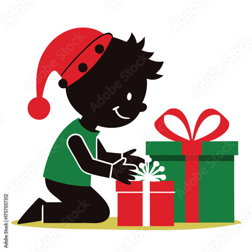 A child excitedly unwraps a gift, with the outline of a toy appearing..