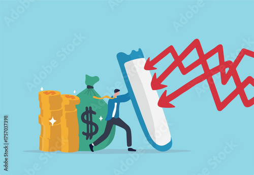 Financial security, money loss or wealth protection, defense from cyber attack or economic recession concept, strong businessman holding shield to protect from red arrow attacking financial security
