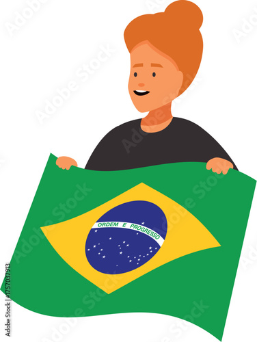 Smiling young woman proudly displaying the brazilian flag, celebrating national identity, culture and patriotism
