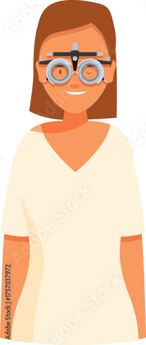 Young woman checking eyesight, wearing trial frame during examination by optometrist