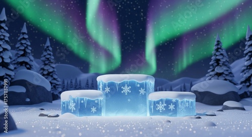 Winter Landscape with Snow Covered Ice Blocks and Northern Lights Display in the Background