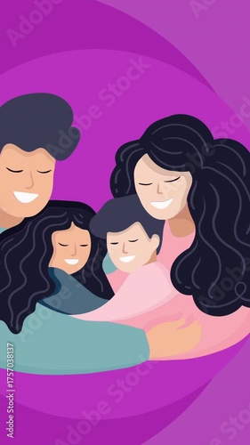 Animation of happy family embracing on purple background