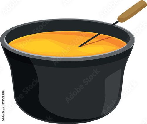 Melted cheese fondue is ready for dipping with metal fork in black ceramic pot