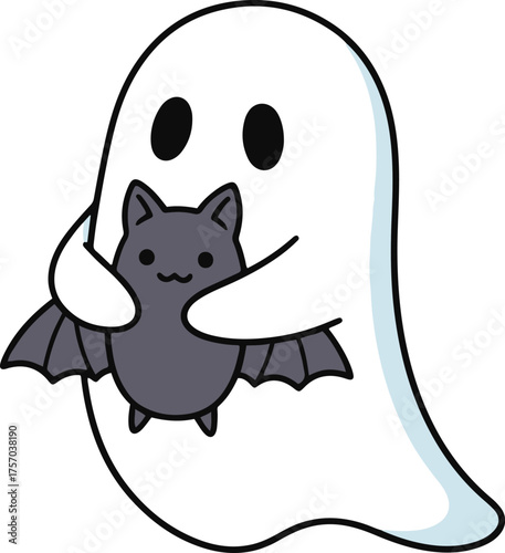  A cute, friendly cartoon ghost holding an adorable small bat, both with happy expressions.