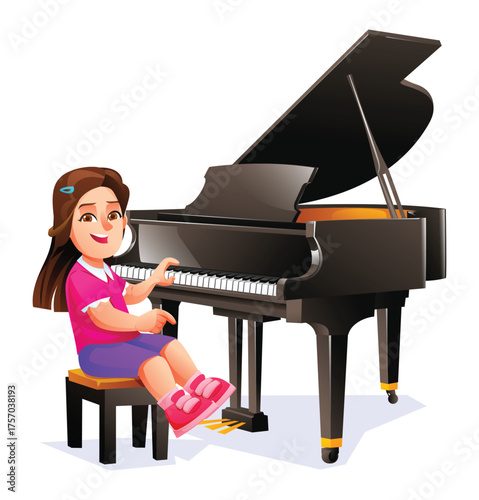 Little girl playing black grand piano. Happy kid practicing music. Child enjoying piano lesson. Vector cartoon character illustration