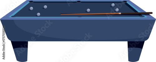 Blue billiard table with cue and balls ready for a game