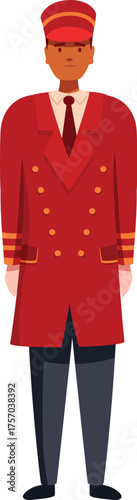 Friendly hotel porter standing upright in red uniform