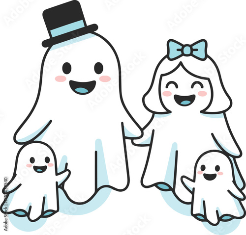A cute cartoon ghost family, including a father ghost with a top hat, a mother ghost with a bow, and two baby ghosts, all smiling happily.