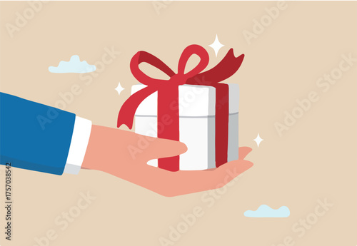 Gift reward program, bonus or surprise present for customer, employee reward or lucky prize, birthday gift box or festive incentive, special loyalty program concept, hand giving gift box with ribbon