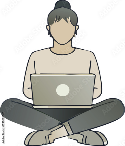 Person Sitting Cross-Legged Using Laptop, Focused on Work or Leisure Activities