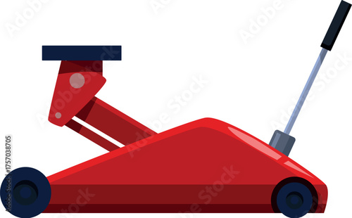 Red hydraulic floor jack lifting equipment isolated on white background, useful for changing car tires