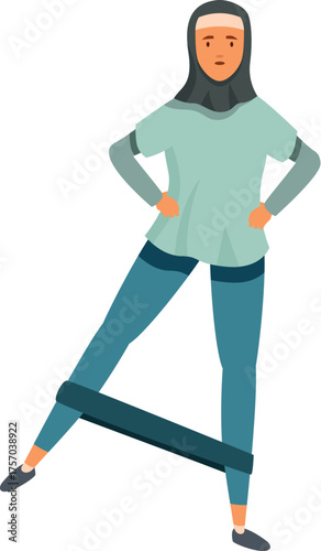 Young athletic woman wearing hijab practicing fitness with elastic band, promoting healthy lifestyle and inclusivity in sports