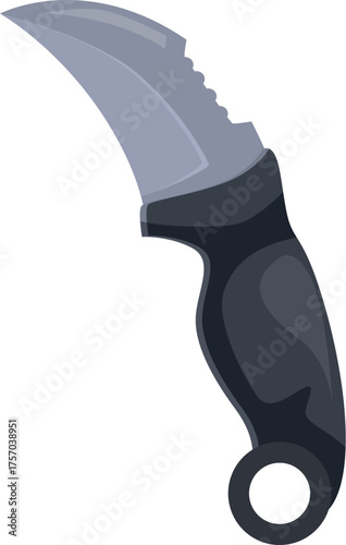 Close up of a karambit knife featuring a black handle and a curved, serrated blade, isolated on white background