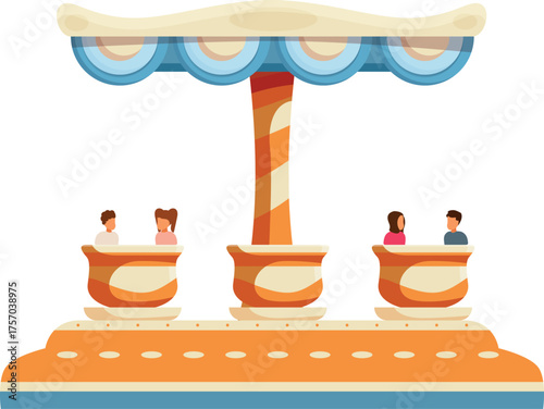 Couples riding spinning carousel attraction at amusement park, having fun on summer day