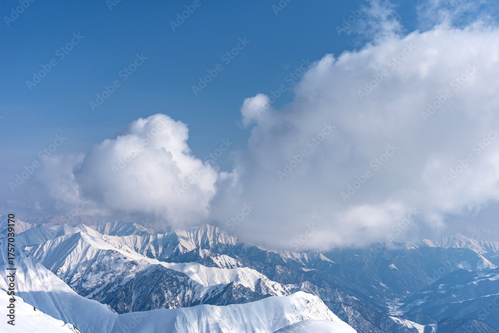 Fototapeta premium Winter landscape of the Caucasus Mountains in Gudauri, Georgia.
