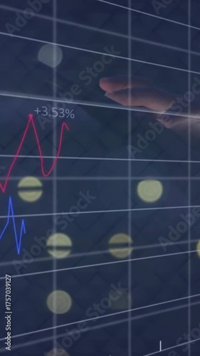 Interacting with animation of rising financial graph and data visualization in hand