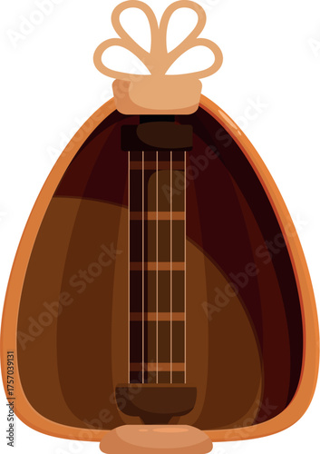 Close up of a traditional arabic oud, showcasing its wooden body, strings, and decorative elements