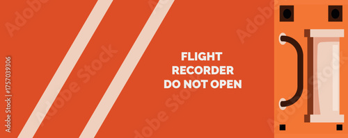 Orange flight recorder showing magnetic tape inside its protective box, with flight recorder do not open written on it