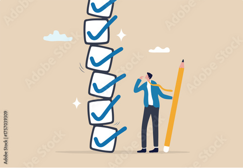 Complete checklist, correct or approval task list, productivity or efficiency compliance, perfect accomplish or task done concept, businessman hold pencil will all completed checklist finished tasks