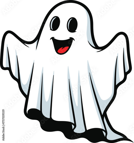  A friendly, cartoon ghost with a wide, happy smile and outstretched arms, floating with a cheerful expression.
