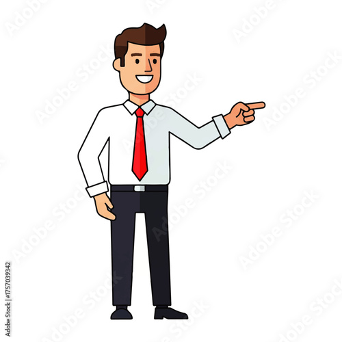 Friendly cartoon businessman in formal wear pointing his finger to the side. An office manager character vector illustration for business presentations and marketing